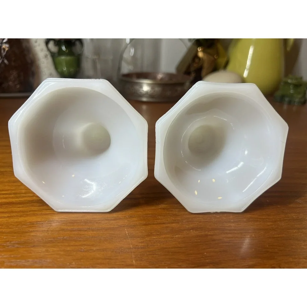 Vintage Anchor Hocking milk glass octagon fluted taper candle holder, set of 2